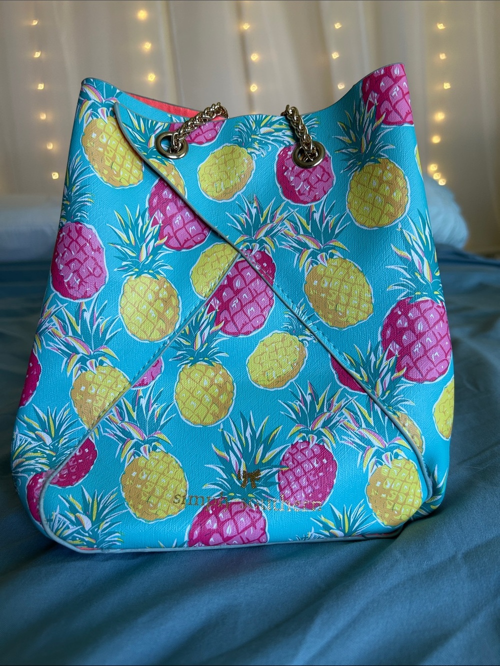 Bright Pineapple Print Bucket Bag - Turquoise